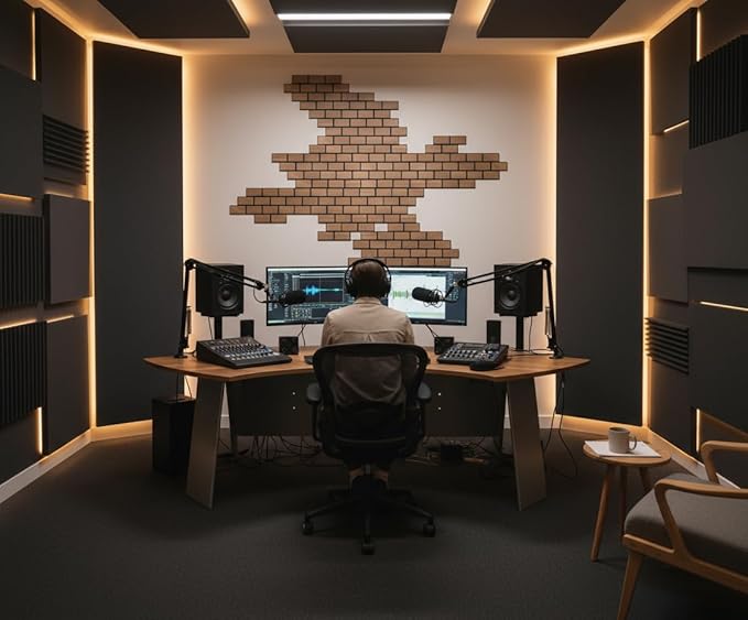 WoveN SounD Brick Acoustic Wall Panels, 16 Pack 16x12 Inch, Wood Veneer Carved Sound Proof Wall Decor, Self-Adhesive for Home, Studio, Office & Focus Zones, Teak