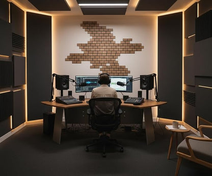 WoveN SounD Brick Acoustic Wall Panels, 16 Pack 16x12 Inch, Wood Veneer Carved Sound Proof Wall Decor, Self-Adhesive for Home, Studio, Office & Focus Zones, Teak
