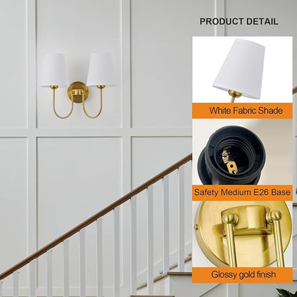 Hardwired White Fabric 2 Light Wall Sconce – Double Headed Cloth Shade Fixture for Bedroom, Bathroom & Hallway (Direct Wire)