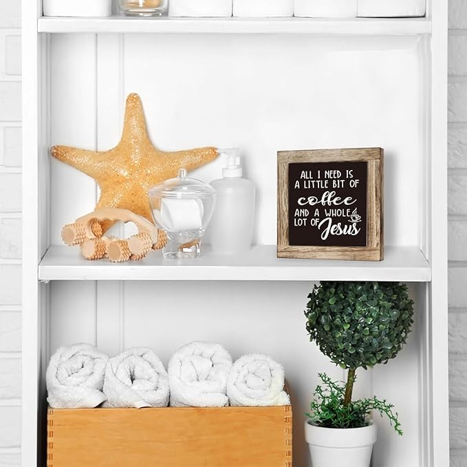 Coffee Bar Decor, Vintage Coffee Sign Decor for Kitchen, Rustic Wood Signs for Kitchen Cafe Bar, Square Wood Block Sign Table Decoration, Small Decoration for Shelves 5.9×5.9 inch