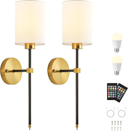 Battery Operated Wall Sconce Set of Two, Wireless Rechargeable Wall Light With Remote Control, Dimmable, 4 Color Temperatures, RGB, Timer, for Living Room,Bedroom,Entryway, Black Gold, 26.8 Inch