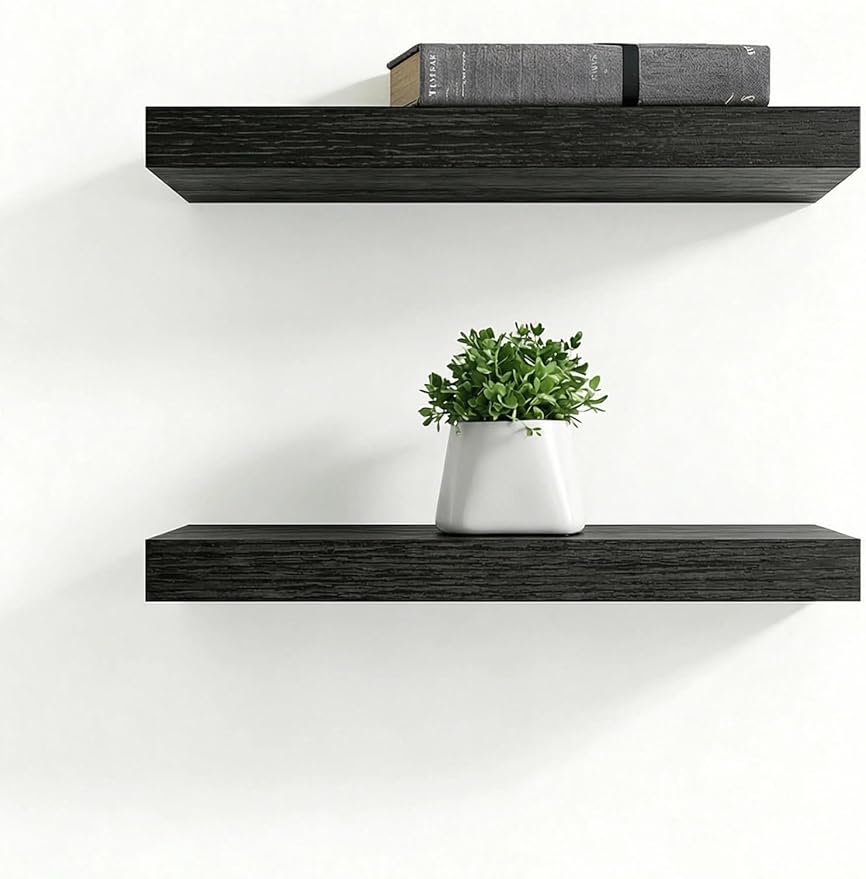Solid Wood Floating Shelves,11.8in Finished Real Wood Wall Shelves with Heavy-Duty Hidden Bracket, Easy Installation, Set of 2, 11.8in x 7.1in x 1.5in, for Living Room Bedroom Kitchen,Black