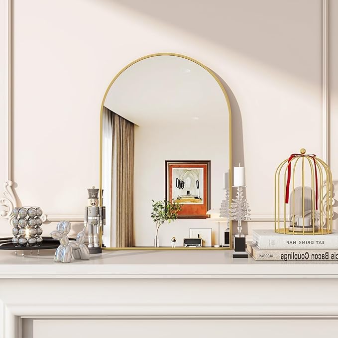 VooBang Arched Wall Mirror, 16 x 24 inch Arch Bathroom Mirror, Wall Mounted Vanity Mirror with Arch Metal Frame, Modern Bathroom Vanity Mirror for Bedroom, Living Room, Hanging or Leaning, Gold