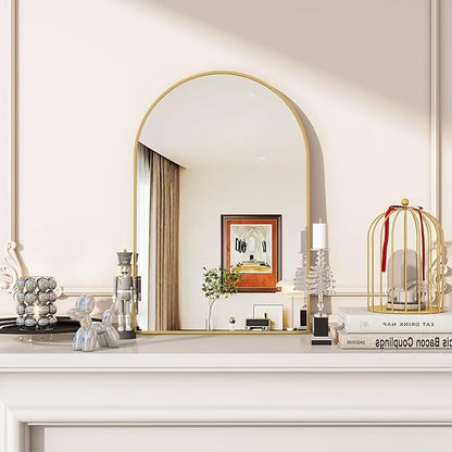 VooBang Arched Wall Mirror, 16 x 24 inch Arch Bathroom Mirror, Wall Mounted Vanity Mirror with Arch Metal Frame, Modern Bathroom Vanity Mirror for Bedroom, Living Room, Hanging or Leaning, Gold