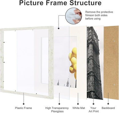 10x10 Picture Frame Set of 9, Display Pictures 8x8 with Mat or 10x10 without Mat, Multi Collage Gallery Square Photo Frames for Wall or Tabletop, Distressed White