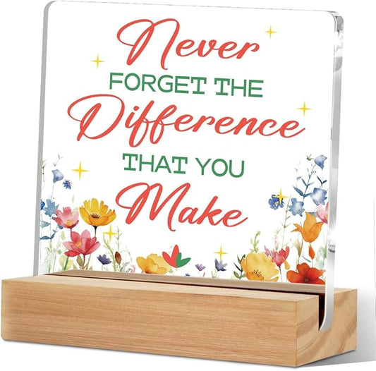 Difference maker Gifts Acrylic Sign with Wood Stand, Thank You Gifts for Women Boss Coworkers Bedroom Office Living Room Desk Cubicle Table Shelf Decor, Farewell Retirement Gift for Women Coworker