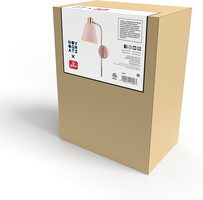 GLOBE Electric Cleo 1-Light Plug-in or Hardwire Wall Sconce, Blush Pink, Matte Brass Accents, Black Cloth Cord, Bulb Not Included (Pack of 4)