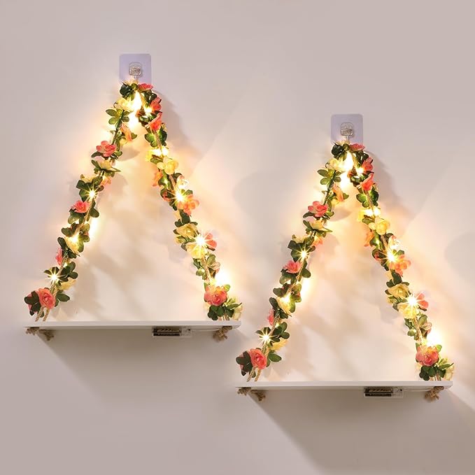 EXIN DECHEN Floating Shelves for Wall No Drilling,Wall Shelves,Hanging Shelf,Leaves and Light Strip with Flower,Set of 2 Plant Decor for Home Livingroom Bedroom,Led Room Decor Aesthetic,Gift
