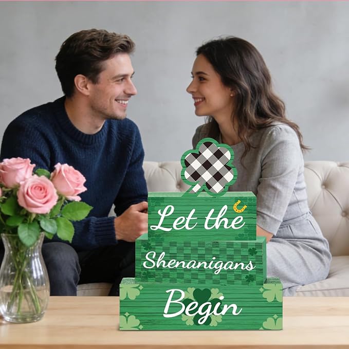 4 Pcs St Patricks Day Decorations for Home St. Patricks Day Tiered Tray Decor Let The Shenanigans Begin Sign Farmhouse Decor for Home Office Kitchen Shelf Tabletop Centerpieces