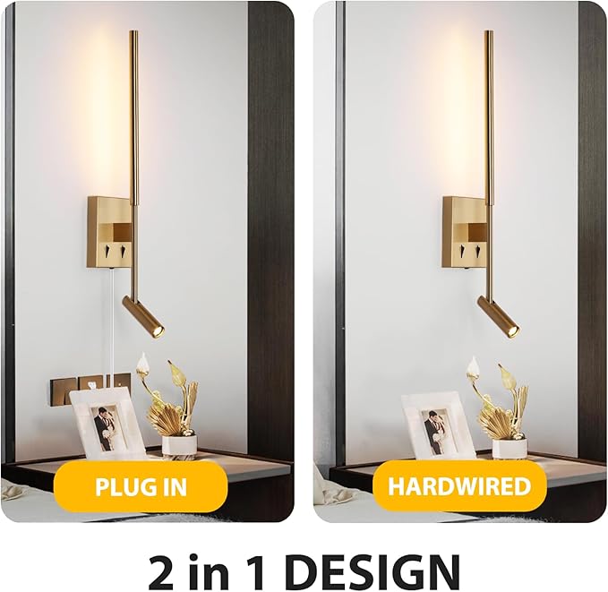 ZEROUNO Modern Plug in Wall Sconce Set of 2, Gold LED Wall Mounted Reading Lamp with Switch, Minimalist Linear Wall Light Fixture with 5.9FT Clear Cord for Bedroom Living Room Hallway Decor