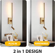 ZEROUNO Modern Plug in Wall Sconce Set of 2, Gold LED Wall Mounted Reading Lamp with Switch, Minimalist Linear Wall Light Fixture with 5.9FT Clear Cord for Bedroom Living Room Hallway Decor