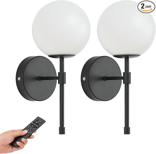 Battery Operated Wall Sconces Set of 2, Glass Globe Wireless Lights with Remote & Touch Control, Rechargeable Matte Black Sconce, 3 Color Dimmable Ambient Lighting for Bedroom Living Room