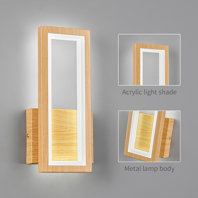 Modern Wood Color Wall Sconce 18W Indoor LED Wall Fixture 6000K Simple Rectangle Wall Lights for Living Room Bedroom Staircase Hallway(1Pack)