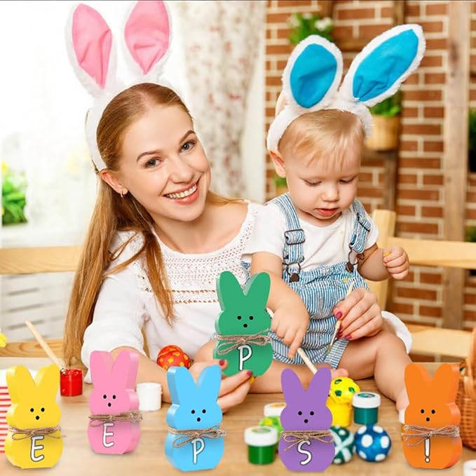 DIYDEC Easter Decorations for Home 6 Pcs Easter Bunny Table Decor Wooden Rabbit Table Signs with Jute Rope Freestanding Rabbit Decoration for Tiered Tray Mantel Shelf Office Easter Party Supplies