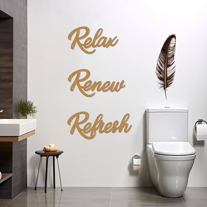 3 Pieces Bathroom Decor Rustic Bathroom Wall Art Wooden Bathroom Sign,Relax Renew Refresh Sign (Brown large)