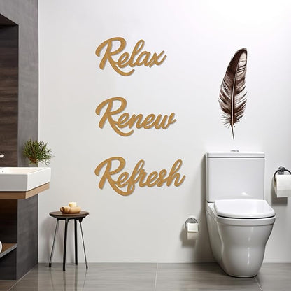 3 Pieces Bathroom Decor Rustic Bathroom Wall Art Wooden Bathroom Sign,Relax Renew Refresh Sign (Brown large)