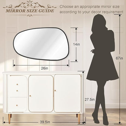 Black Irregular Bathroom Mirror for Wall, Aluminum Alloy Frame Asymmetrical Mirrors Brushed Metal Vanity Wall Mounted Mirror for LivingRoom Bedroom Room Home Decor Large 26"x14"