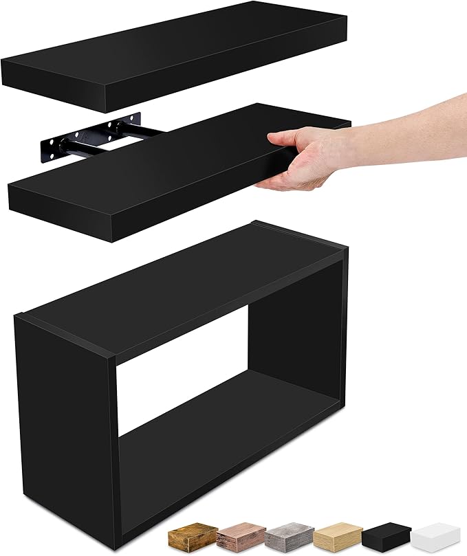 Sorbus Floating Shelves for Wall Set of 3 - Bathroom Shelves for Wall Storage, Over Toilet, Bedroom, Farmhouse, Decor - 2 Floating Shelves with Invisible Brackets & 1 Rectangular Box, Black