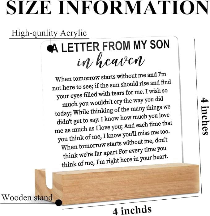 Memorial Gifts Acrylic Sign with Wooden Stand, Remembrance Condolence for Loss of Loved One, A Letter From My Son In Heaven Table Decor Bereavement Gift, Sympathy Gifts for Loss of Loved One Son