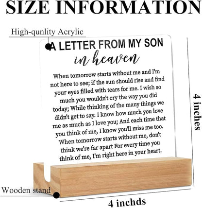 Memorial Gifts Acrylic Sign with Wooden Stand, Remembrance Condolence for Loss of Loved One, A Letter From My Son In Heaven Table Decor Bereavement Gift, Sympathy Gifts for Loss of Loved One Son