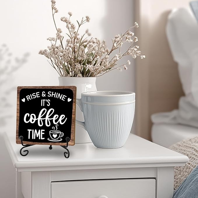 Coffee Bar Decor Sign, Rise & Shine It's Coffee Time Sign With Stand For Farmhouse Home Kitchen Table, Wine Sign For Farmhouse Home Kitchen Office Bar Shelf Table, Gifts For Family Friend Coworker