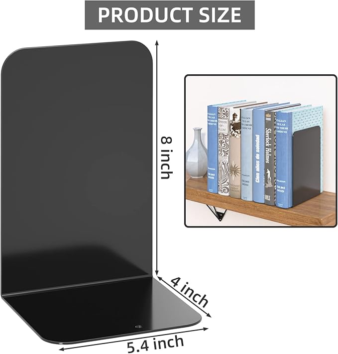 VFINE Bookends 4 Pairs, Black Metal Book Ends, Bookends for Shelves, Book Stopper for Heavy Books, Book Dividers for Home Office School Supplies