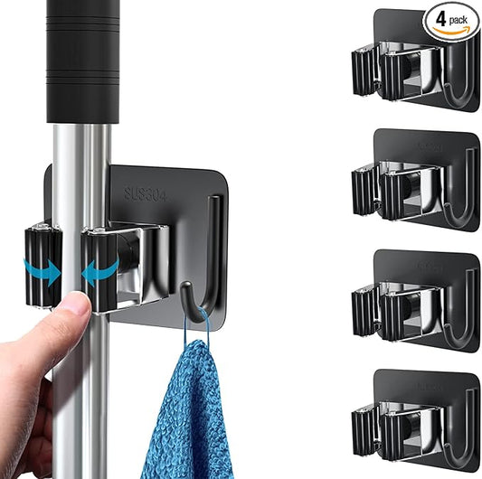 Mop Broom Holder No Drill, Mop Broom Organizer Wall Mounted Heavy Duty with Hooks Hanger, Self Adhesive Stainless Steel 4Pcs for Bathroom, Kitchen, Office (Multicolor)