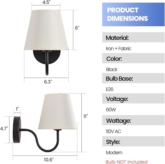 Wall Sconces Sets of 2, Bathroom Vanity Sconces Wall Lighting, Indoor Wall Lights with Light Beige Fabric Shades, Black Wall Mounted Lamps for Bedroom Living Room Hallway Kitchen, Hardwire