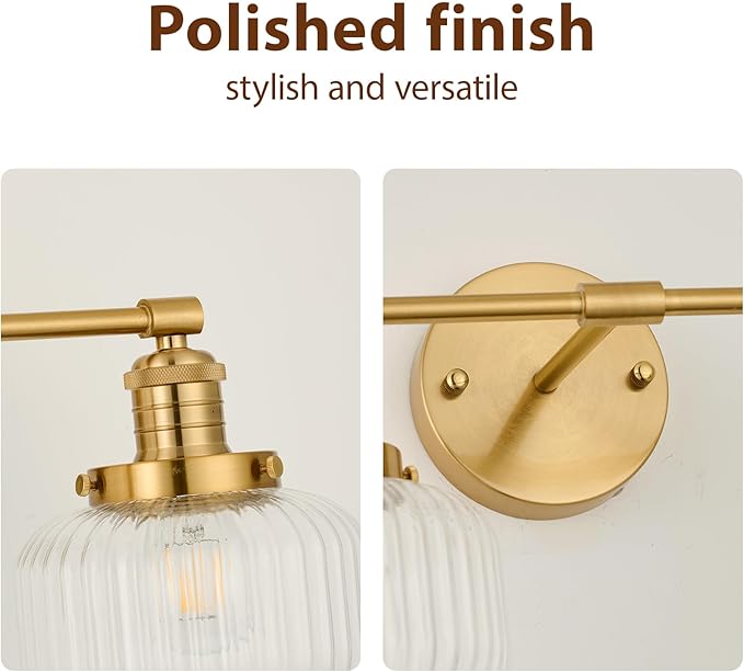 2-Lights Gold Bathroom Vanity Light, Industrial Hardwired Double Sconce Over Mirror with Clear Ribbed Globe Glass Shades, E26 Base Light Fixture for Bathroom Bedroom Hallway Farmhouse Decor