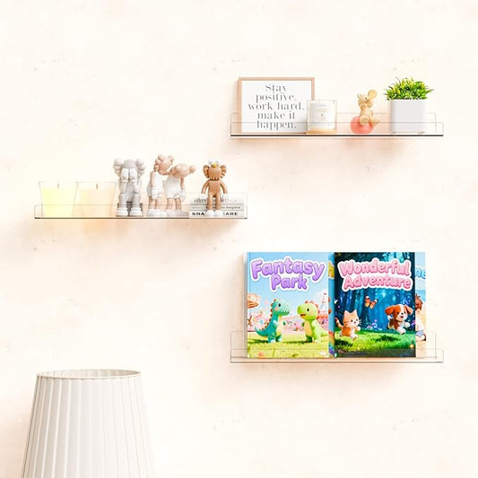 Yieach 2 Pack 15" Acrylic Shelves for Wall,Bathroom,Bedroom - with Adhesive - No Drilling Clear Floating Shelves for Funko Pop,Lego,Action Figures,Nail Polish,Perfume Shelf and Wall Storage & Display