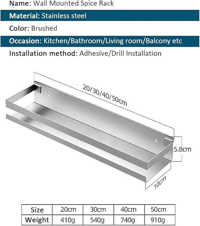 CONRUSER Wall Mounted Spice Rack, Stainless Steel Kitchen Organizer Shelves Hanging Storage Shelf Brushed Steel Seasoning Rack (30CM)