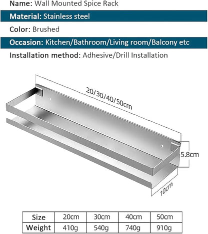 CONRUSER Wall Mounted Spice Rack, Stainless Steel Kitchen Organizer Shelves Hanging Storage Shelf Brushed Steel Seasoning Rack (30CM)