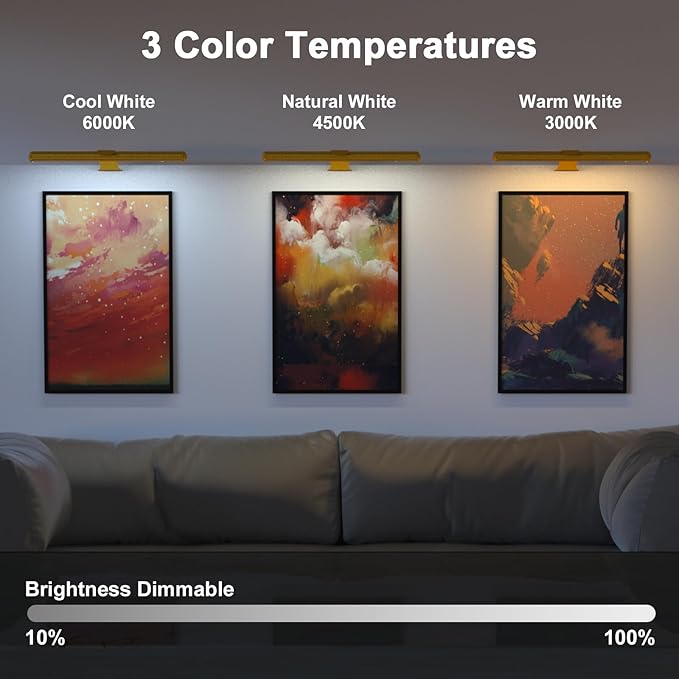 Starxing Picture Light with Remote, Wireless Battery Painting Light with 3 Lighting Colors, 4400mAh Rechargeable Art Light Display Lamp, Dimmable Timer Lamp for Artwork Gallery (Gold)
