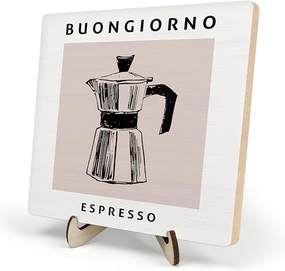 Coffee Bar Decor Sign,Wooden Vintage Plaque with CoffeePot Pattern-Buongiorno Espresso,Funny Farmhouse Decor for Coffee Station, Kitchen Café or Shelf Display(White)