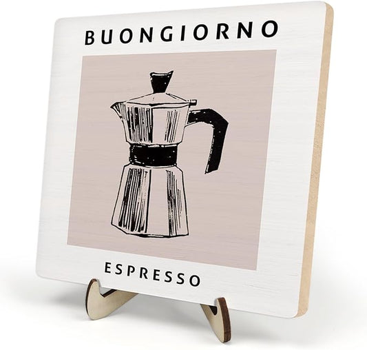 Coffee Bar Decor Sign,Wooden Vintage Plaque with CoffeePot Pattern-Buongiorno Espresso,Funny Farmhouse Decor for Coffee Station, Kitchen Café or Shelf Display(White)