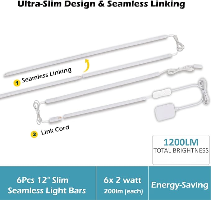 Cefrank Cabinet Lighting 6-Pack 12 inch Seamlessly Linkable Strip Light Bars for Cabinet, Kitchen, Shelf, Workbench, Cupboard Lighting, 1200 Lumen Cold White 6000K