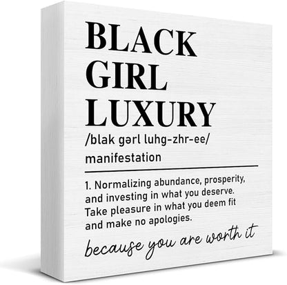 TSUYAWU Black Girl Luxury Definition Wooden Sign Motivational Decor for Home Office Bedroom, 5 x 5 Inches