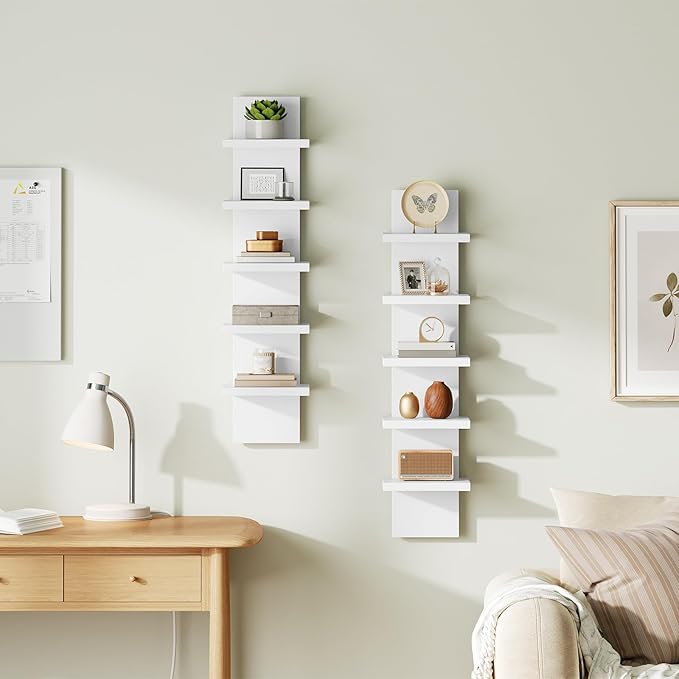 HOOBRO 5 Tier Wall Shelf Unit, 2 Pack Floating Shelves Wall Mounted, Wall Mount Vertical Shelving, Floating Storage Rack, Organizer Tall Tower Design for Livingroom, Bedroom, Kitchen, White WT18BJP201
