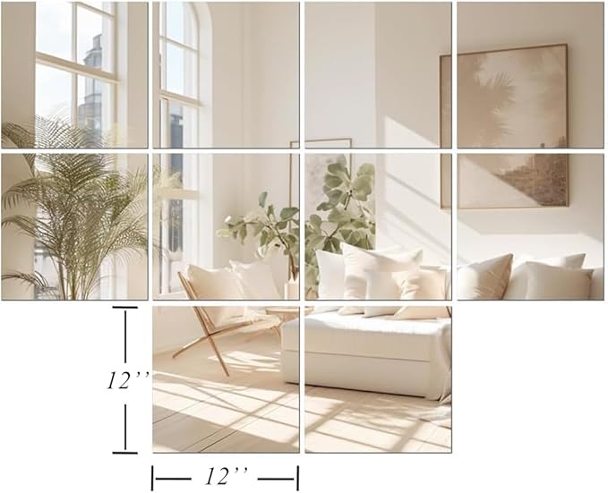 Vlush Adhesive Mirror Tiles 12'' x 12'' x 10PCS Home Gym Decor Full Body & Full Length Mirrors Wall Mounted Mirrors Decorative for Home Gym, Door, Bedroom & Bathroom