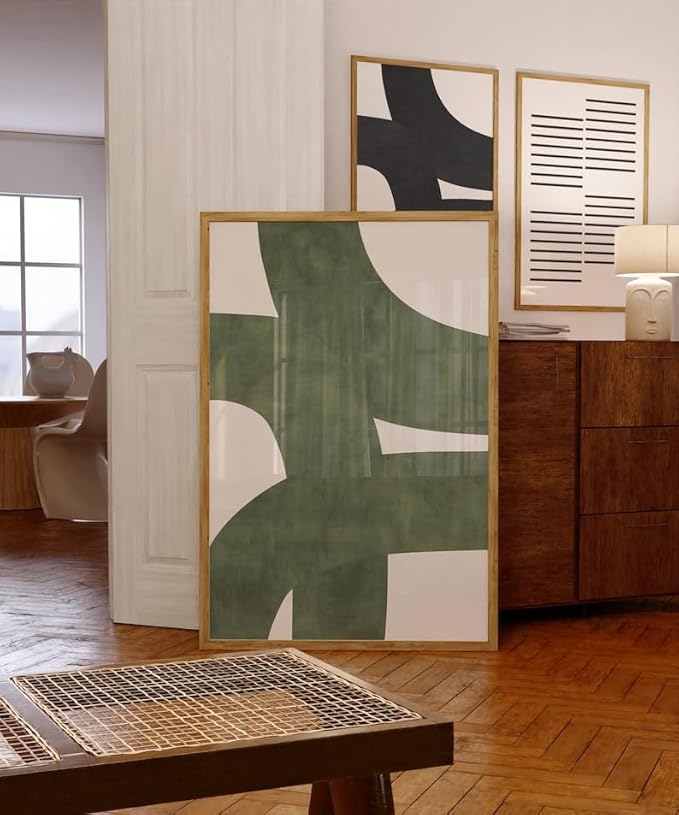 Nationcog Mid-Century Green Organic Lines Art, Modern Minimalist Wall Decor, Bold Beige Tones Contemporary Home Accent, Trendy Greenery Design (Unframed) (24x36)
