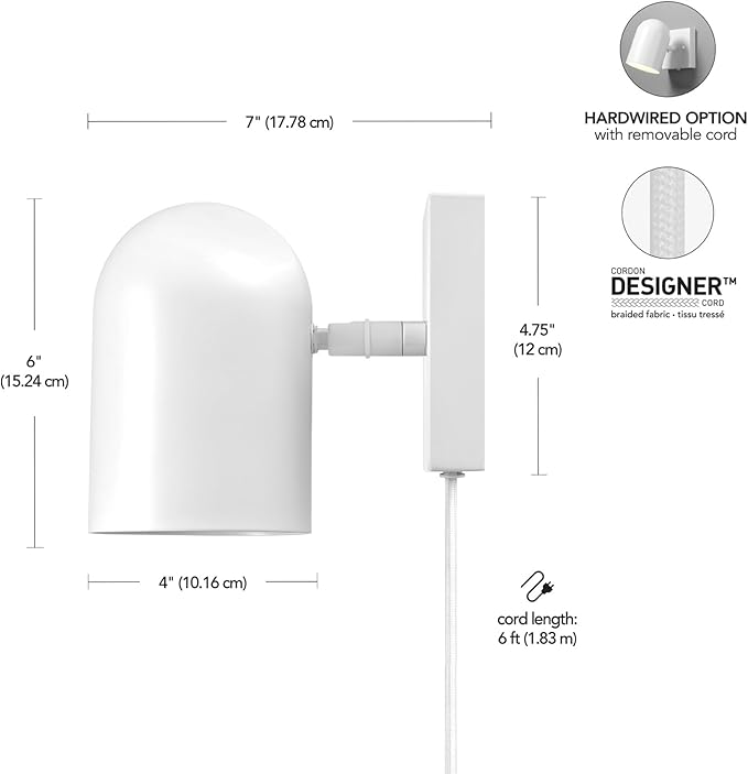 Globe Electric 65000146 1-Light Plug-in or Hardwire Wall Sconce, Matte White, 6ft White Braided Fabric Cord, in-Line Rocker Switch, Wall Lights for Living Room, Home Décor