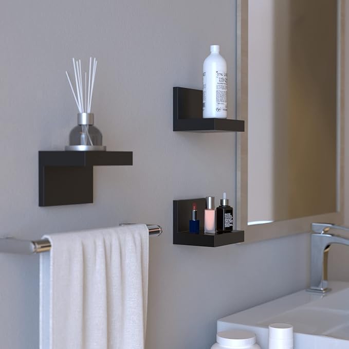 RICHER HOUSE 3-Pack Small Floating Shelves for Wall, Plastic Black Shelf 4 Inch Display Ledges for Small Decor, Mini Shelf for Wall with 2 Types of Installation (Adhesive or Screw)