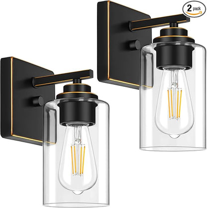 Set of 2 Wall Sconces for Bathroom, Modern Vanity Light Fixtures, Bronze Wall Mount Lighting Lanterns, Farmhouse Wall Lights with Clear Glass Shade for Bedroom Living Room Mirror Hallway Kitchen