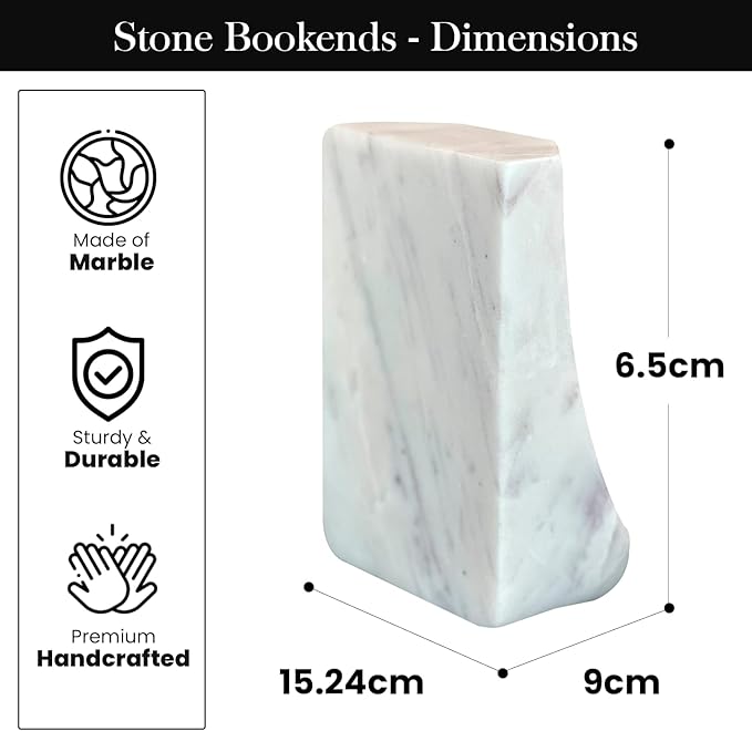 USIA White Marble Bookends - Heavy Duty 9.8 lbs Stone Book Ends for Shelves, Modern Decorative Book Holder Set of 2 - Premium Handmade Marble Book Ends for Office, Library, or Home Decor