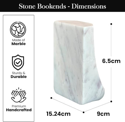 USIA White Marble Bookends - Heavy Duty 9.8 lbs Stone Book Ends for Shelves, Modern Decorative Book Holder Set of 2 - Premium Handmade Marble Book Ends for Office, Library, or Home Decor