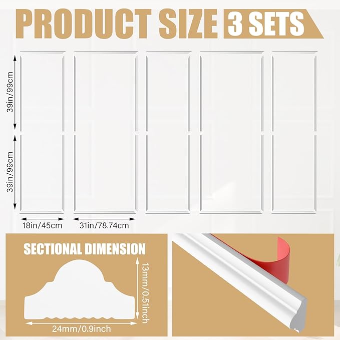 5 Set Accent Wall Molding Kit Premade Wainscoting Panels Wall Molding Peel and Stick Panel White Pre Cut Trim for Walls Picture Frame Molding for Home Decoration(31 x 78 Inch)