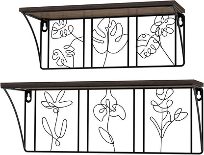 QUTREY Plant Wall Art Floating Shelves Set of 2, Minimalist Metal Abstract Decor Rustic Wooden Shelf for Living Room, Bedroom, Bathroom