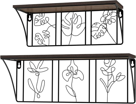 QUTREY Plant Wall Art Floating Shelves Set of 2, Minimalist Metal Abstract Decor Rustic Wooden Shelf for Living Room, Bedroom, Bathroom