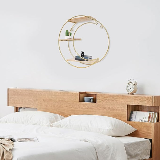Floating Shelves Wall Mounted, 3-Tier Storage Display Rack Storage Display Rack Metal Wall Mount Display Organizer Holder for Home Decor,Gold (1, Round+ Moon)