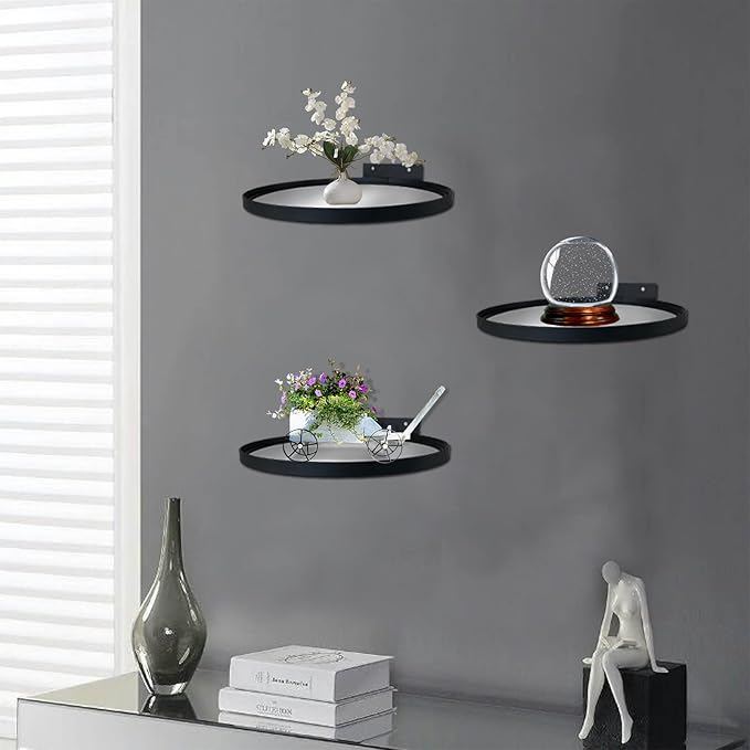 Cityelf Floating Shelves Wall Mounted Wall Decor Iron Glass Hanging Shelf Home Decor Set of 3 Display Ledge Shelves for Living Room Bedroom Office-Black